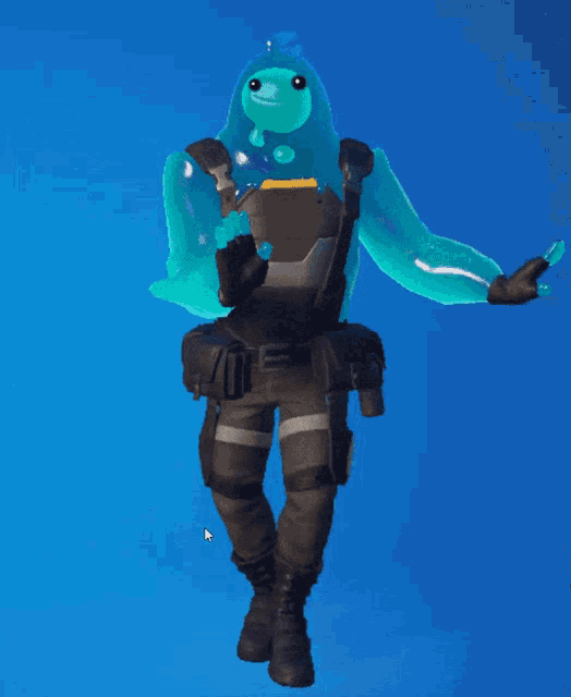 a video game character is standing in front of a blue screen