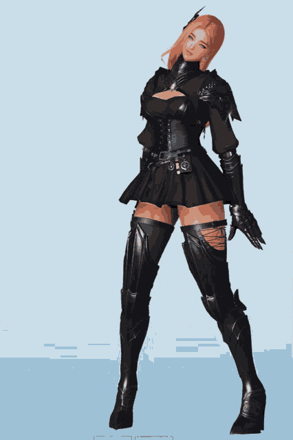 a woman with red hair is wearing black armor