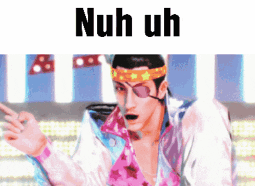 a pixelated image of a man pointing with the words nuh uh behind him