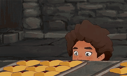 a cartoon character is looking at a tray of cookies .