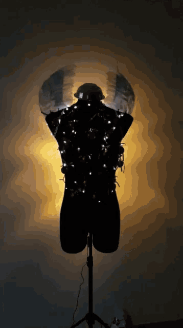 a mannequin is decorated with christmas lights and feathers in the dark