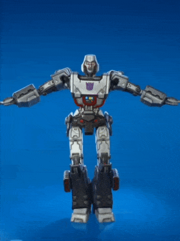 a robot with a purple stripe on his chest is dancing
