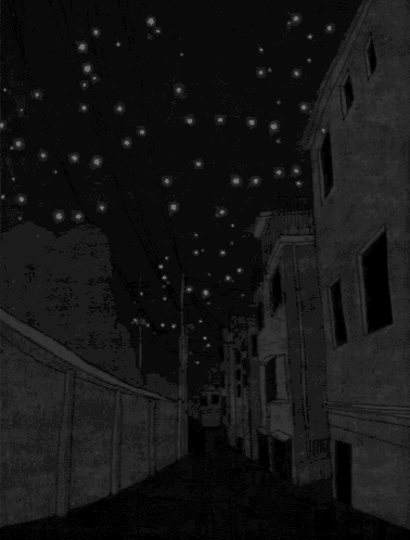 a black and white drawing of a narrow alleyway at night