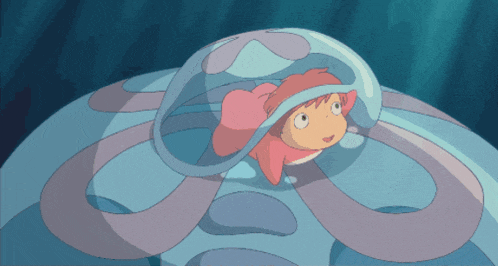 a pink cartoon character is swimming in a blue bubble