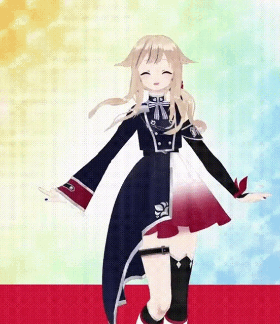 a cartoon girl in a black and red dress is dancing