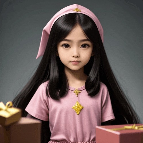 a little girl with long black hair wearing a pink dress