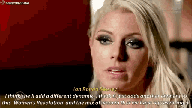 a close up of a woman 's face with the words " i think she 'll add a different dynamic " on the bottom