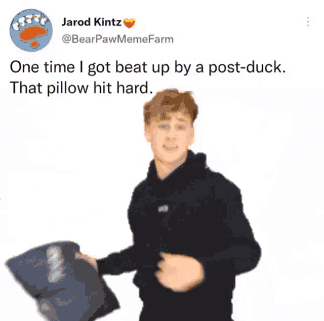 a tweet by jarod kintz says one time i got beat up by a post-duck