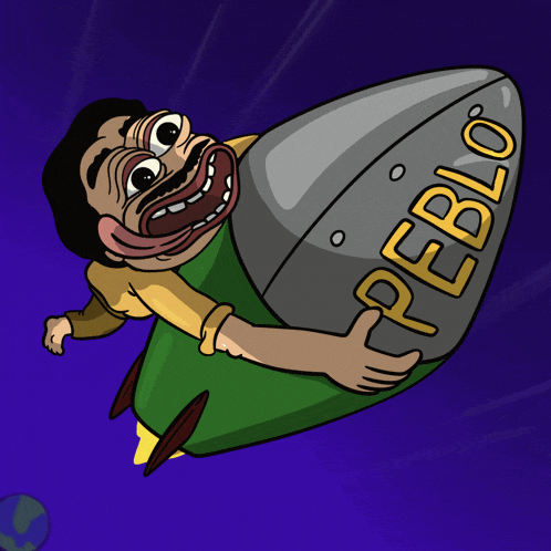 a cartoon of a man holding a rocket with the word peblo written on it
