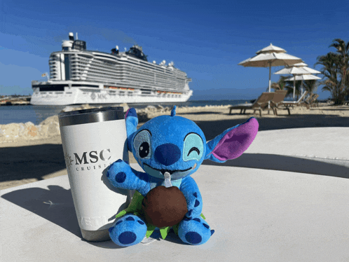 a stitch stuffed animal sits next to a msc cruise cup