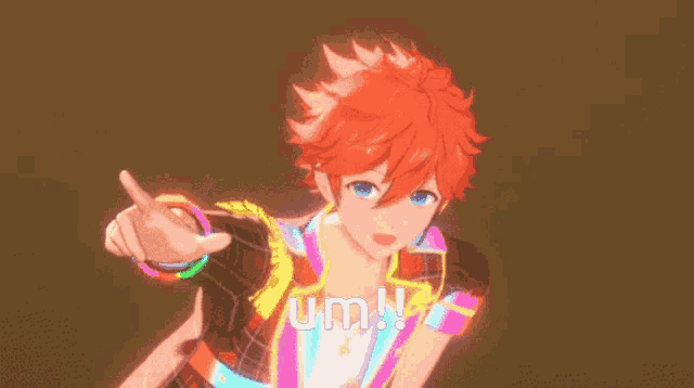 a colorful anime character with the word um written on the bottom right