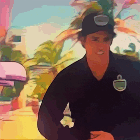 a cartoon drawing of a man wearing a black shirt and a hat