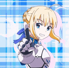 a blonde anime girl is pointing her finger at something
