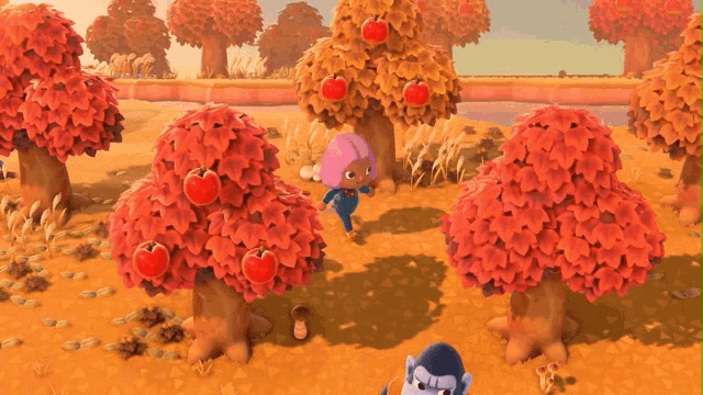 a video game scene with trees with red leaves and a bird
