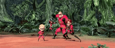 a group of cartoon characters standing next to each other in the jungle .