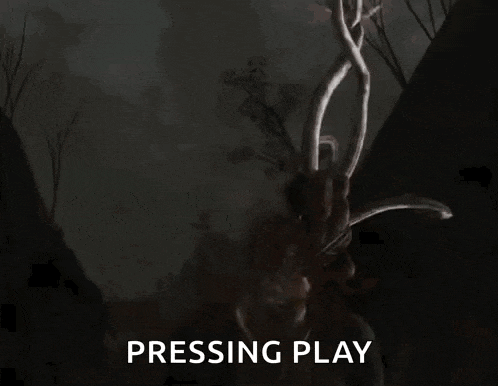 a screenshot of a video game that says pressing play on the bottom