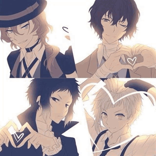 a group of four anime characters are making a heart shape with their hands .
