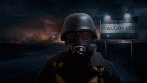 a man in a gas mask stands in front of a raccoon city welcome sign