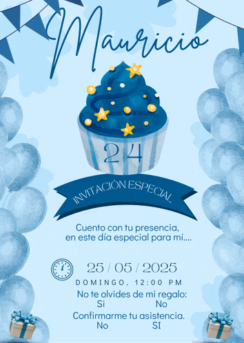 a birthday invitation for mauricio with a blue cupcake and balloons