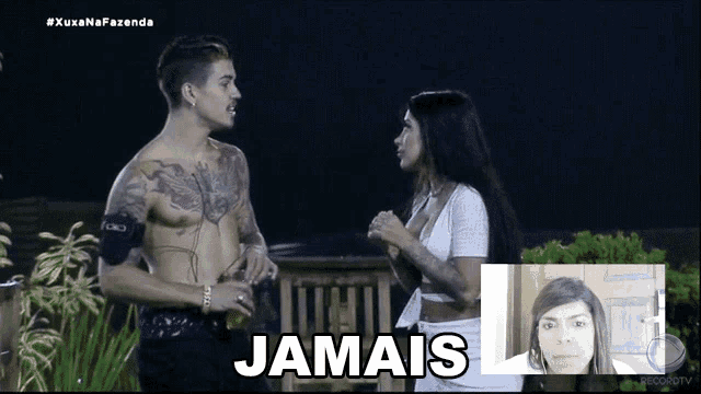 a man and a woman standing next to each other with the word jamais in the lower right corner