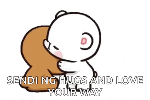 a cartoon of two teddy bears hugging each other with the words `` sending hugs and love your way '' .
