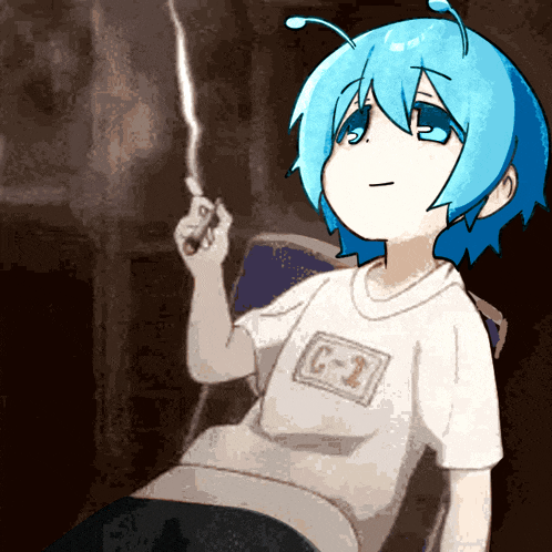a drawing of a person with blue hair and a shirt that says c-2