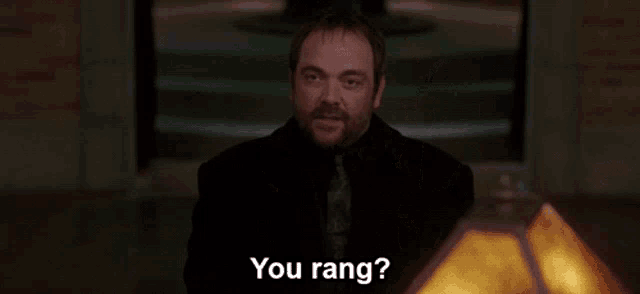a group of people standing around a table with the words " you rang " in white letters