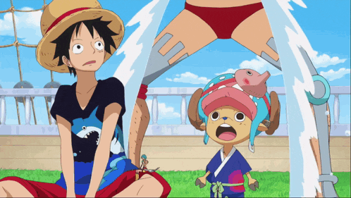 monkey d luffy and tony tony chopper from one piece are sitting in the grass