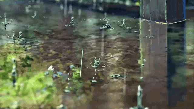 a painting of rain drops falling into a puddle