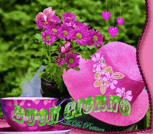 a picture of a cup of coffee and flowers with the words buongiorno written on it