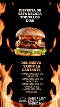an advertisement for del nuevo sabor la cantante shows a hamburger in front of flames