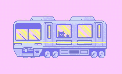 a pixel art illustration of a train with a cat sitting on the window .