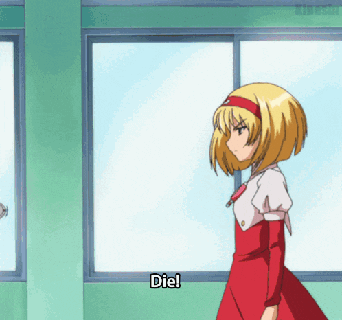 a girl in a red dress says die in a cartoon