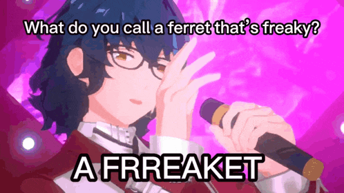 a person holding a microphone with the words what do you call a ferret that 's
