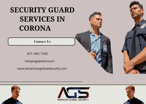a flyer for security guard services in corona with contact information