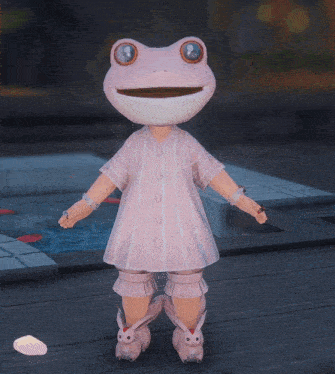 a frog wearing a pink and white striped shirt and bunny socks