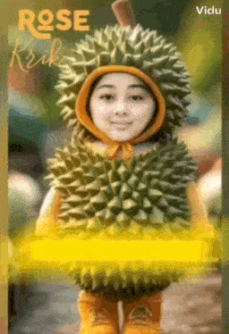 a girl dressed in a durian costume with the word rose on it