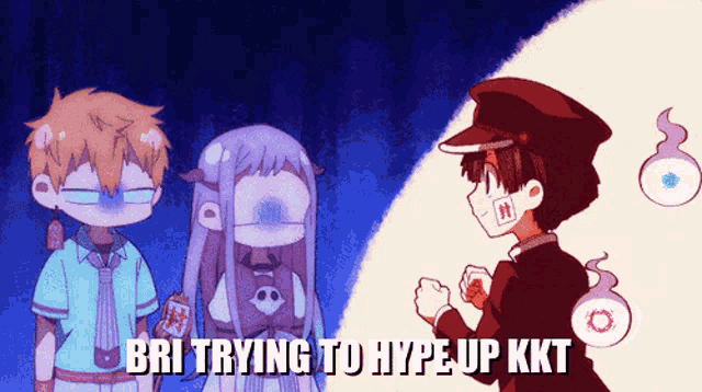 a couple of anime characters standing next to each other with the words bri trying to hype up kkt