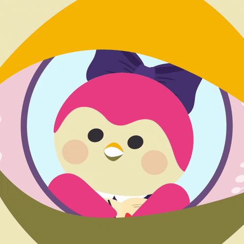 a pink penguin with a blue bow on its head is looking out of an eye