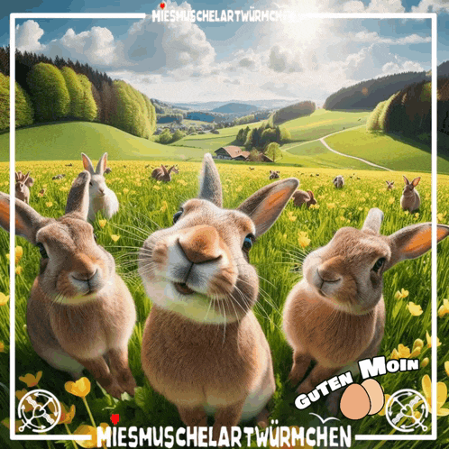 a bunch of rabbits are standing in a field with the words guten moin on the bottom