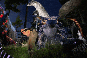 a group of dinosaurs are gathered together in the grass