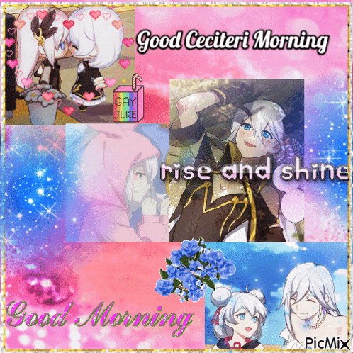 a collage of anime characters says good morning