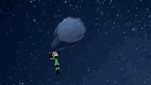 a cartoon character in a green cape is flying through a starry night sky