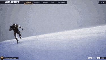 a screenshot of a video game called hero profile shows a soldier walking in the snow