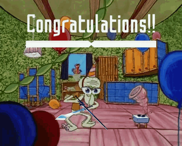 a cartoon of squidward holding a sword with the words congratulations on the bottom