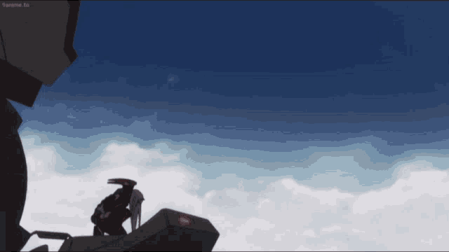 a cartoon character is sitting on top of a plane in the clouds .