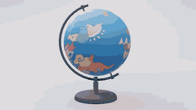 a blue globe with a black border and a black base on a white background