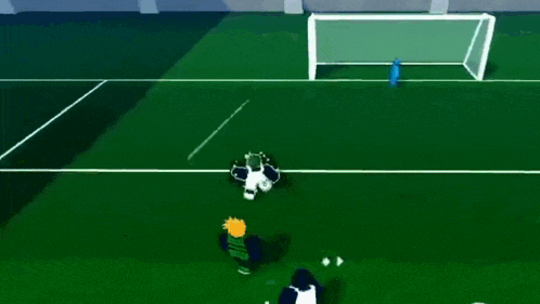a soccer game is being played on a soccer field with a goal .