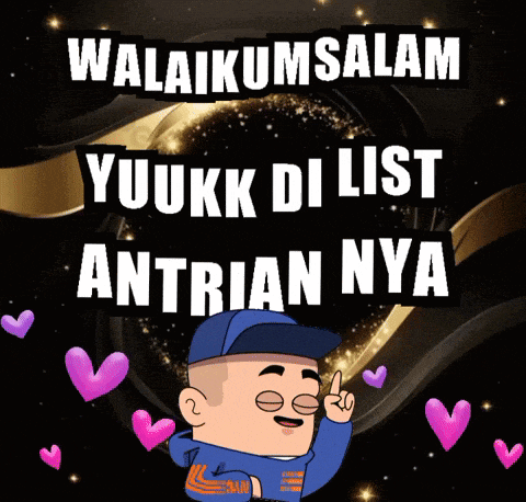 a man in a blue hat is surrounded by pink hearts and says ' awalikum salam '