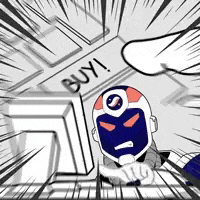 a cartoon character is sitting in front of a computer screen with a buy sign .